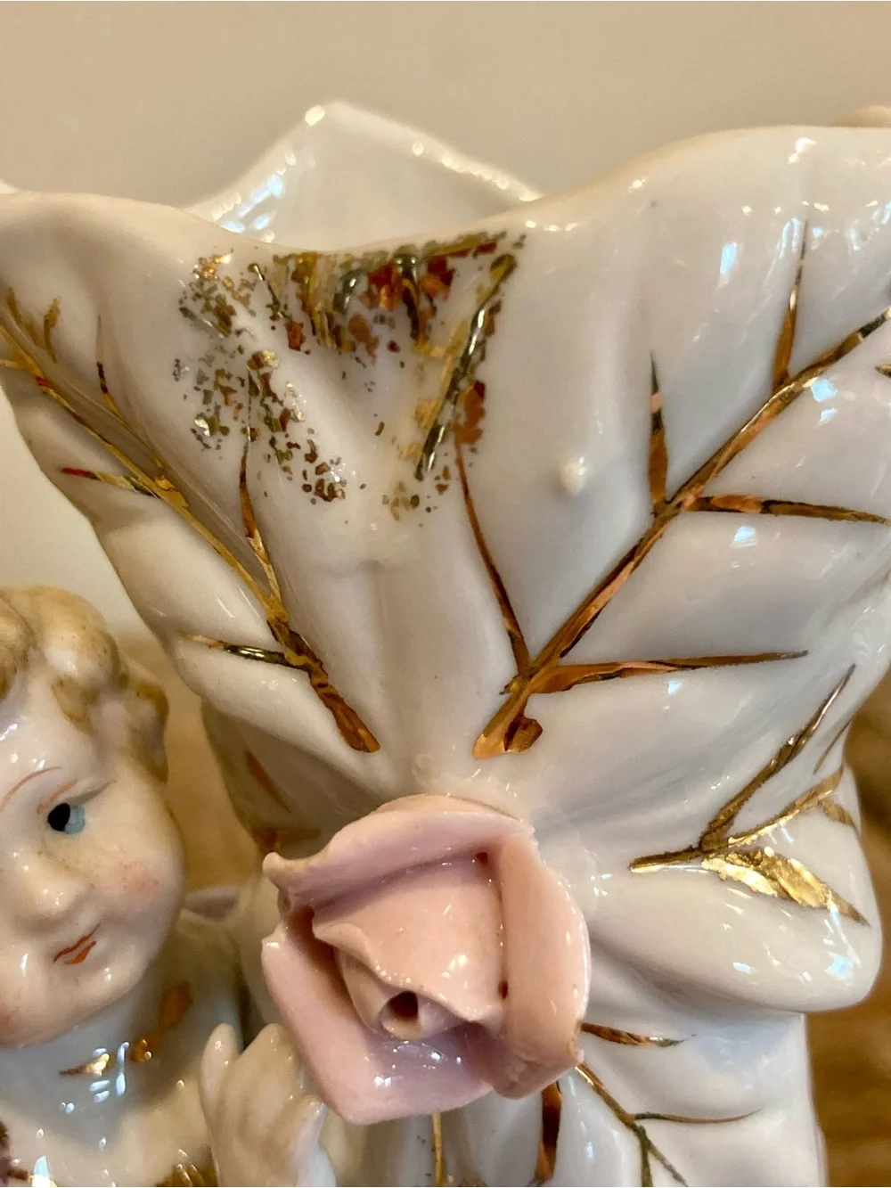 Pair of Boy & Girl Floral Mantel Vases in White & Gold Roses
